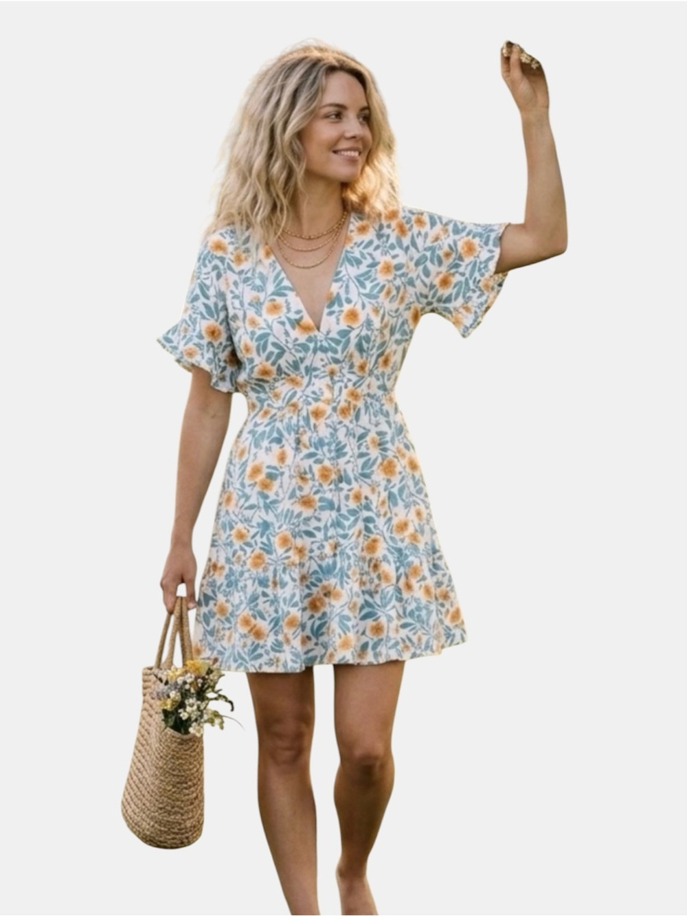MINKPINK Floral V-Neck Mini Dress in Blue & Yellow